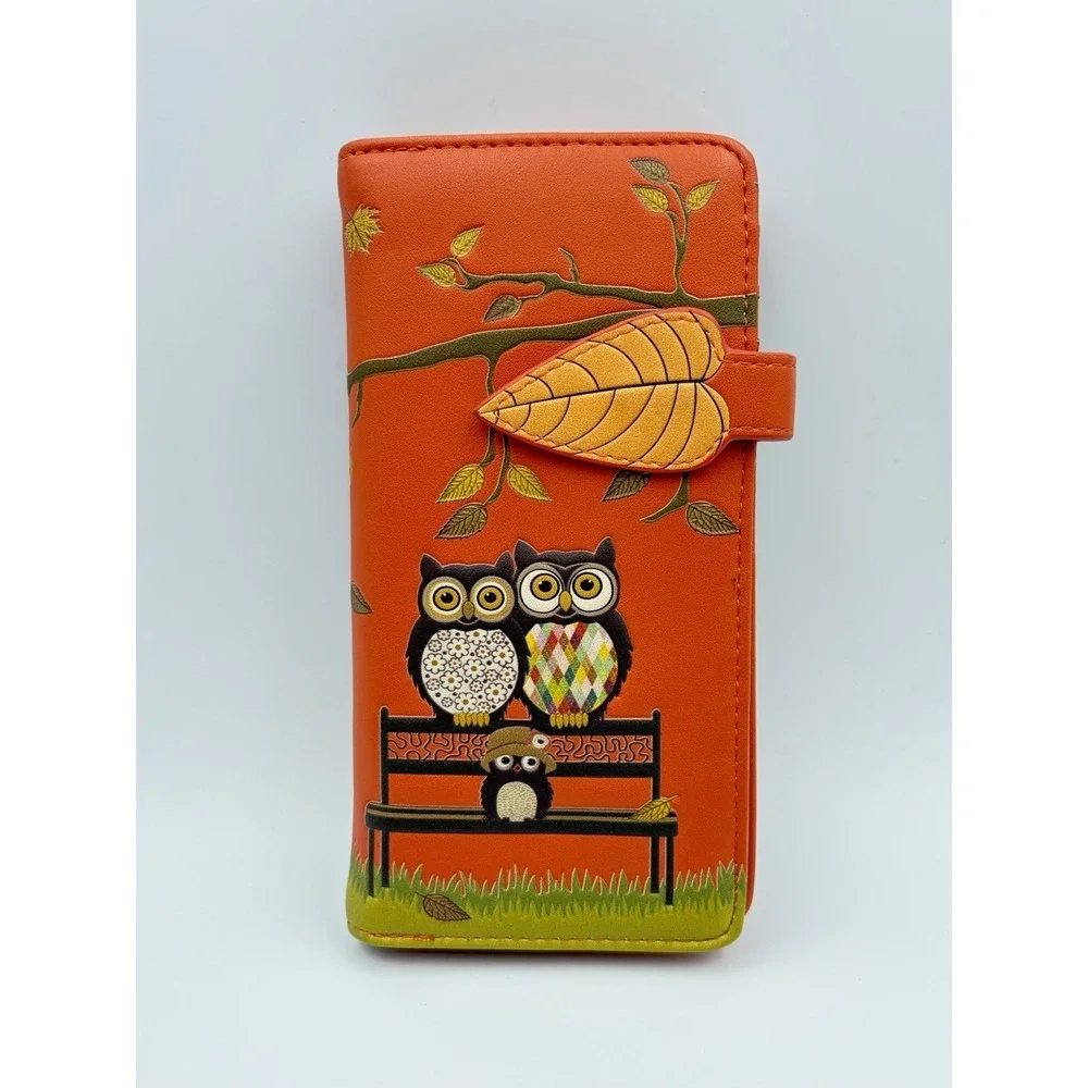 Shagwear Orange Owl Park Bench Large Bifold Zipper‎ Wallet Faux Vegan Leather